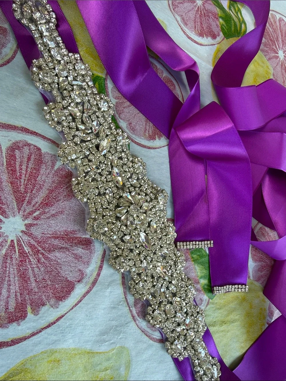 New Women’s Crystal Embellished Purple Satin Wedding or Formal Event belt 113”